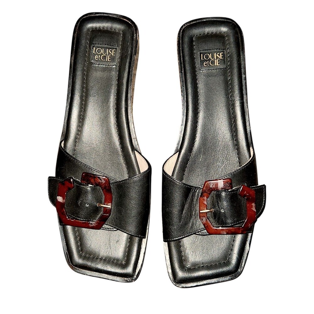 Louise et Cie Elara Platform Slide Sandals Size 9 Black Leather Wood Platform